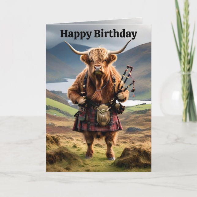 Funny Highland Cow With Bagpipes, Birthday Card (Front)