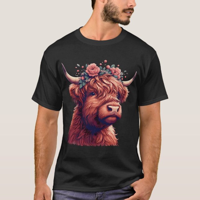Funny Highland Cow With Flower Crown T-Shirt (Front)