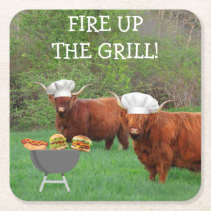 Funny Highland Steer Barbecue Time Square Paper Coaster