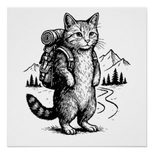 Funny Hiking Cat Backpacking Hikers & Animal Lover Poster