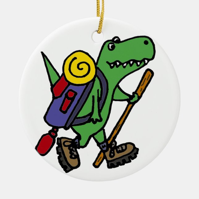 Funny Hiking Green T-Rex Dinosaur Ceramic Tree Decoration (Front)