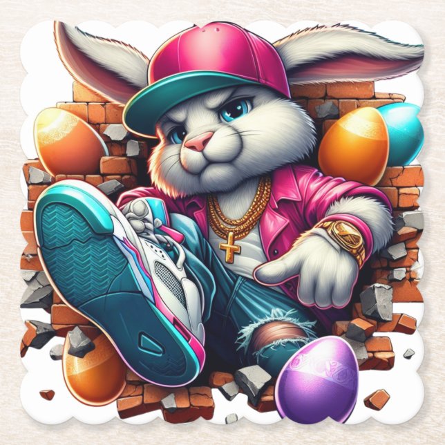  Funny hip hop Gangster Bunny Easter Urban Design Paper Coaster (Front)