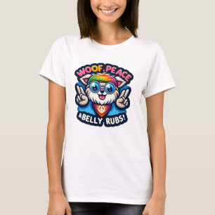Funny Hippie Dog 60s style "Woof, Peace and Belly T-Shirt