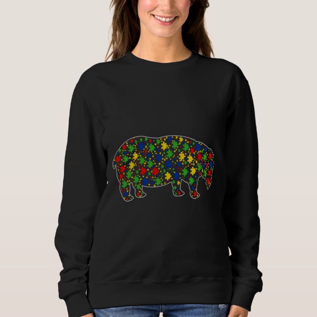 Funny Hippo Animals Puzzle Pieces Autism Awareness Sweatshirt (Front)