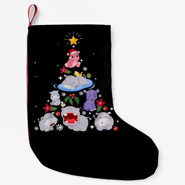 Funny Hippo Christmas Tree | Xmas Hippopotamus Small Christmas Stocking (Front)