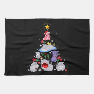 Funny Hippo Christmas Tree Xmas Hippopotamus Tea Towel
