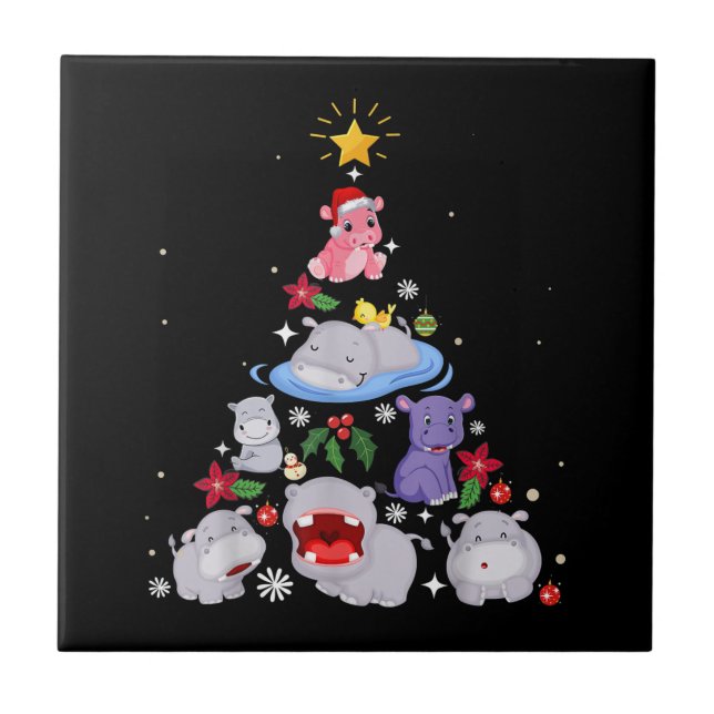 Funny Hippo Christmas Tree | Xmas Hippopotamus Tile (Front)