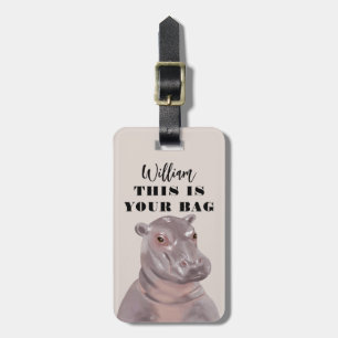Funny Hippo Illustration Personalised Luggage Tag
