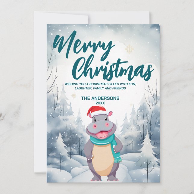 Funny HIPPO Merry Xmas tree snow Holiday party Card (Front)