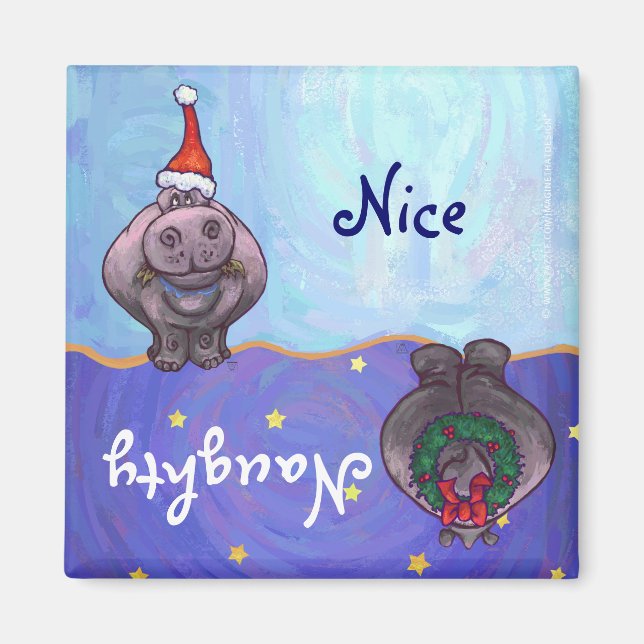 Funny Hippo Naughty Nice Holiday Magnet (Front)