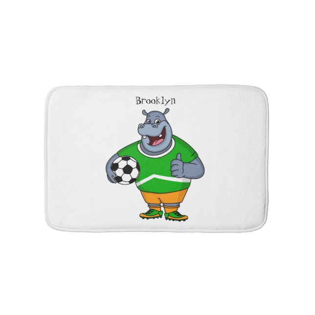 Funny hippo soccer player cartoon illustration bath mat (Front)