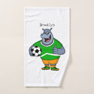 Funny hippo soccer player cartoon illustration bath towel set