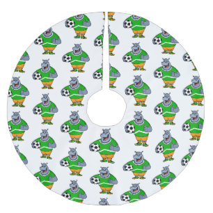 Funny hippo soccer player cartoon illustration brushed polyester tree skirt