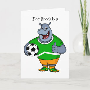 Funny hippo soccer player cartoon illustration card