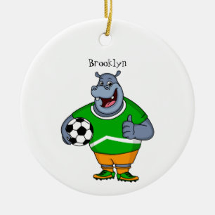 Funny hippo soccer player cartoon illustration ceramic tree decoration