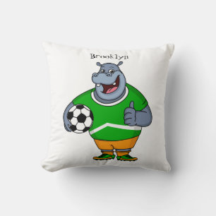Funny hippo soccer player cartoon illustration cushion