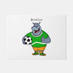 Funny hippo soccer player cartoon illustration doormat