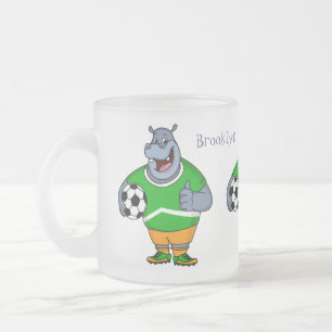 Funny hippo soccer player cartoon illustration  frosted glass coffee mug