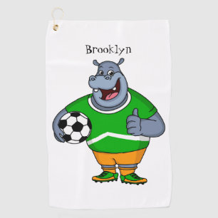 Funny hippo soccer player cartoon illustration golf towel