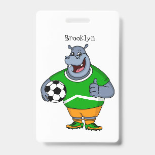 Funny hippo soccer player cartoon illustration ID badge
