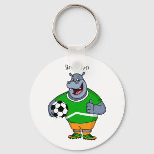 Funny hippo soccer player cartoon illustration key ring