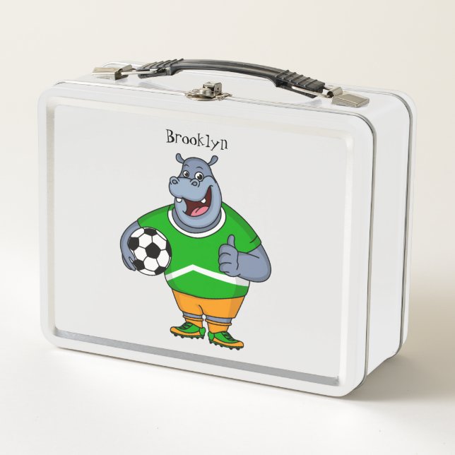Funny hippo soccer player cartoon illustration  metal lunch box (Front)