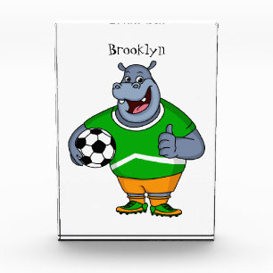 Funny hippo soccer player cartoon illustration photo block