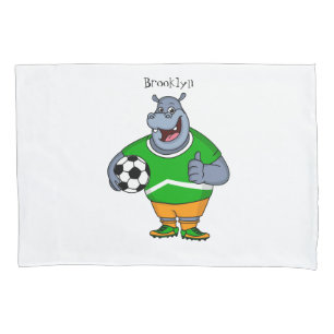 Funny hippo soccer player cartoon illustration  pillowcase