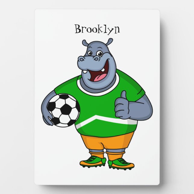 Funny hippo soccer player cartoon illustration plaque (Front)