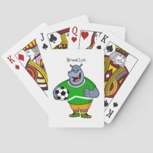 Funny hippo soccer player cartoon illustration playing cards