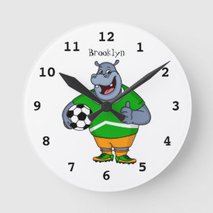 Funny hippo soccer player cartoon illustration round clock