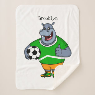 Funny hippo soccer player cartoon illustration sherpa blanket