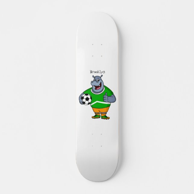 Funny hippo soccer player cartoon illustration skateboard (Front)