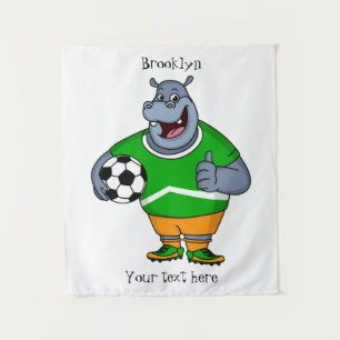 Funny hippo soccer player cartoon illustration tapestry