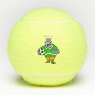 Funny hippo soccer player cartoon illustration tennis balls