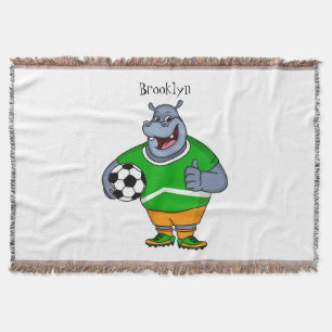 Funny hippo soccer player cartoon illustration throw blanket