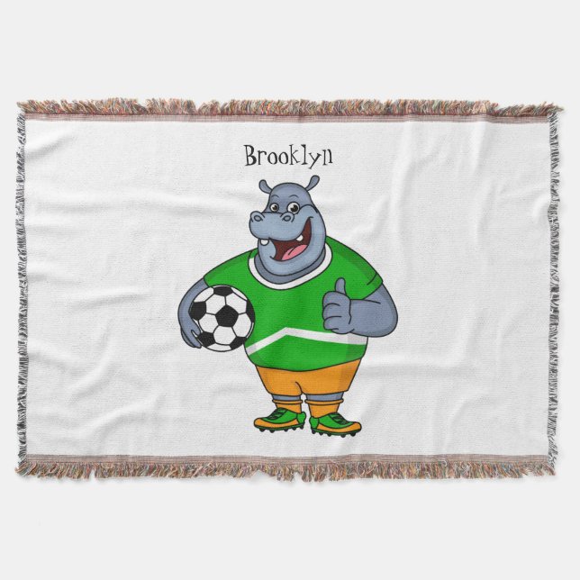 Funny hippo soccer player cartoon illustration  throw blanket (Front)