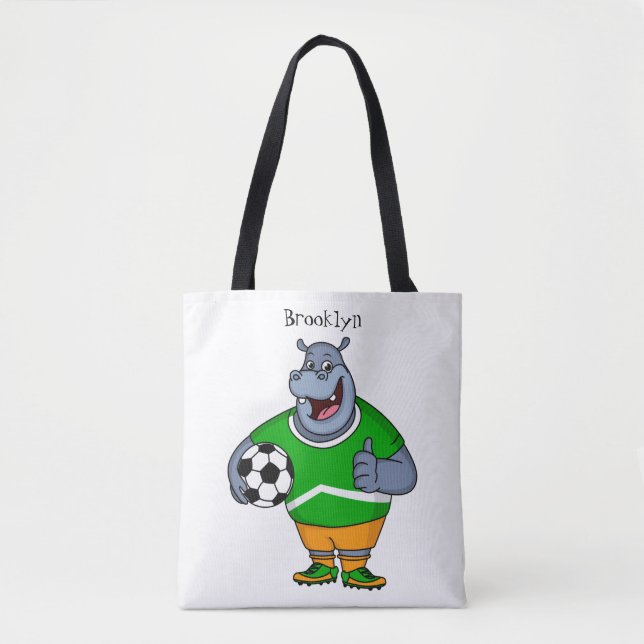 Funny hippo soccer player cartoon illustration tote bag (Front)