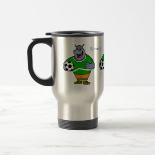 Funny hippo soccer player cartoon illustration travel mug