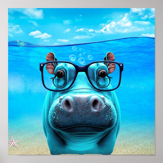 Funny Hippo with Glasses Hippopotamus Zoo Animal Poster (Front)