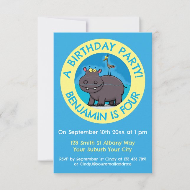 Funny hippopotamus personalised birthday cartoon invitation (Front)