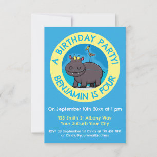 Funny hippopotamus personalised birthday cartoon invitation