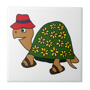 Funny Hippy Flower Turtle Cartoon Tile