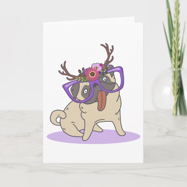 Funny Hipster Boho Floral Hippie Pug in Glasses Thank You Card (Front)