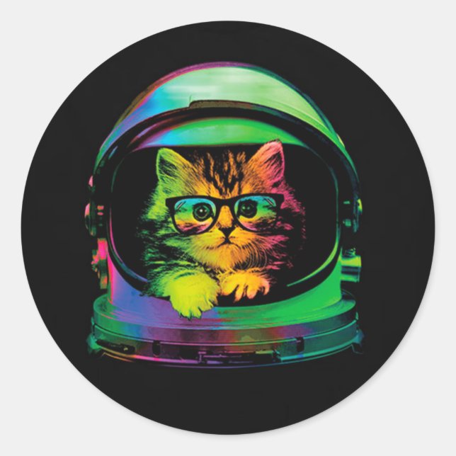 funny hipster cat astronaut classic round sticker (Front)