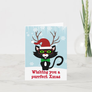 Funny Hipster Christmas cat with antlers Holiday Card
