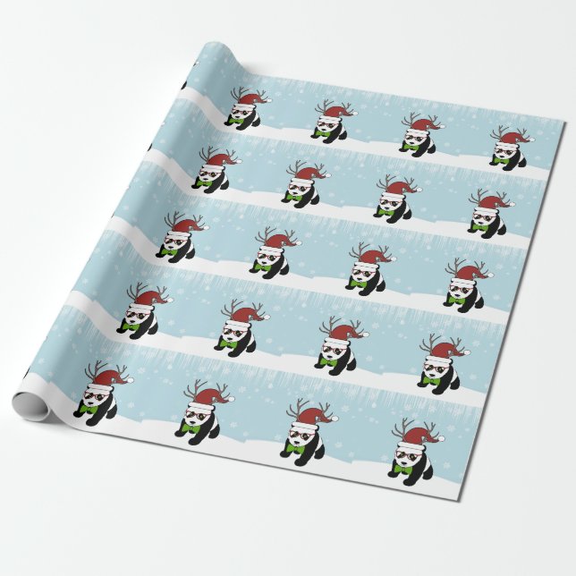 Funny Hipster Christmas Panda with antlers Wrapping Paper (Unrolled)
