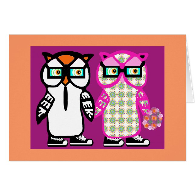 Funny Hipster Owl Wedding Bride & Groom Blank Card (Front Horizontal)