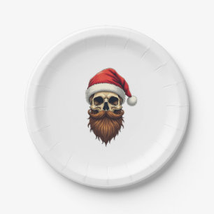 Funny Hipster Santa Skull Face With Hat Beard Chri Paper Plate