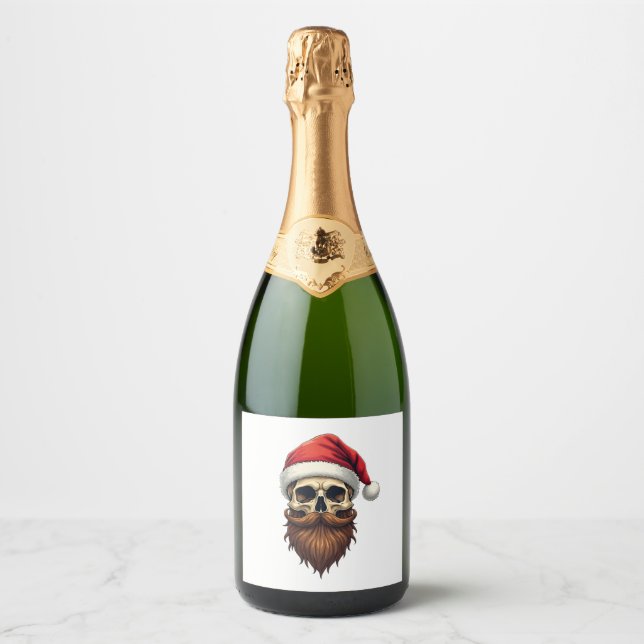 Funny Hipster Santa Skull Face With Hat Beard Chri Sparkling Wine Label (Front)